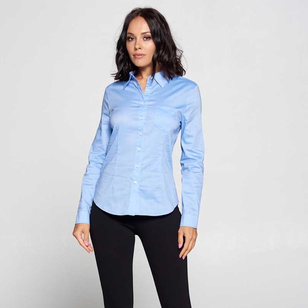 SHEENY BUTTON-UP POCKET BLOUSE